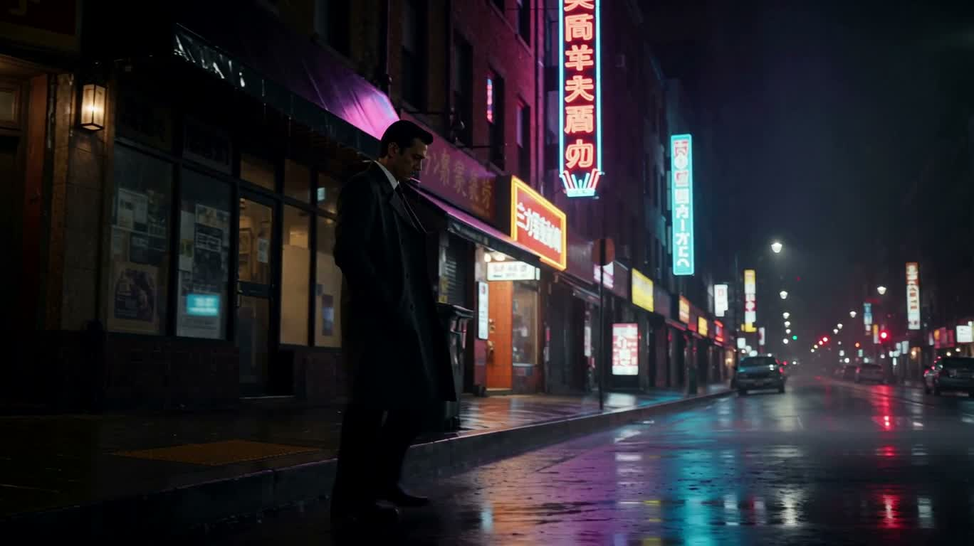 雨夜霓虹街头独行