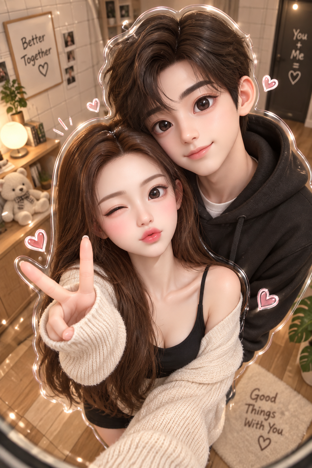 Portrait de couple mignon en cartoon 3D dans une chambre cosy