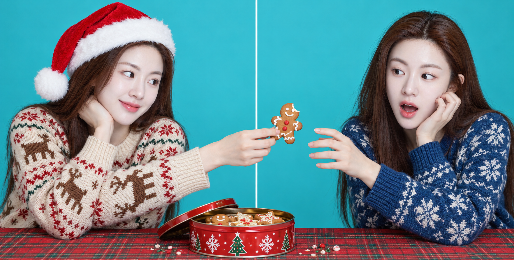 圣诞姜饼跨框传递双联肖像 — AI image creation