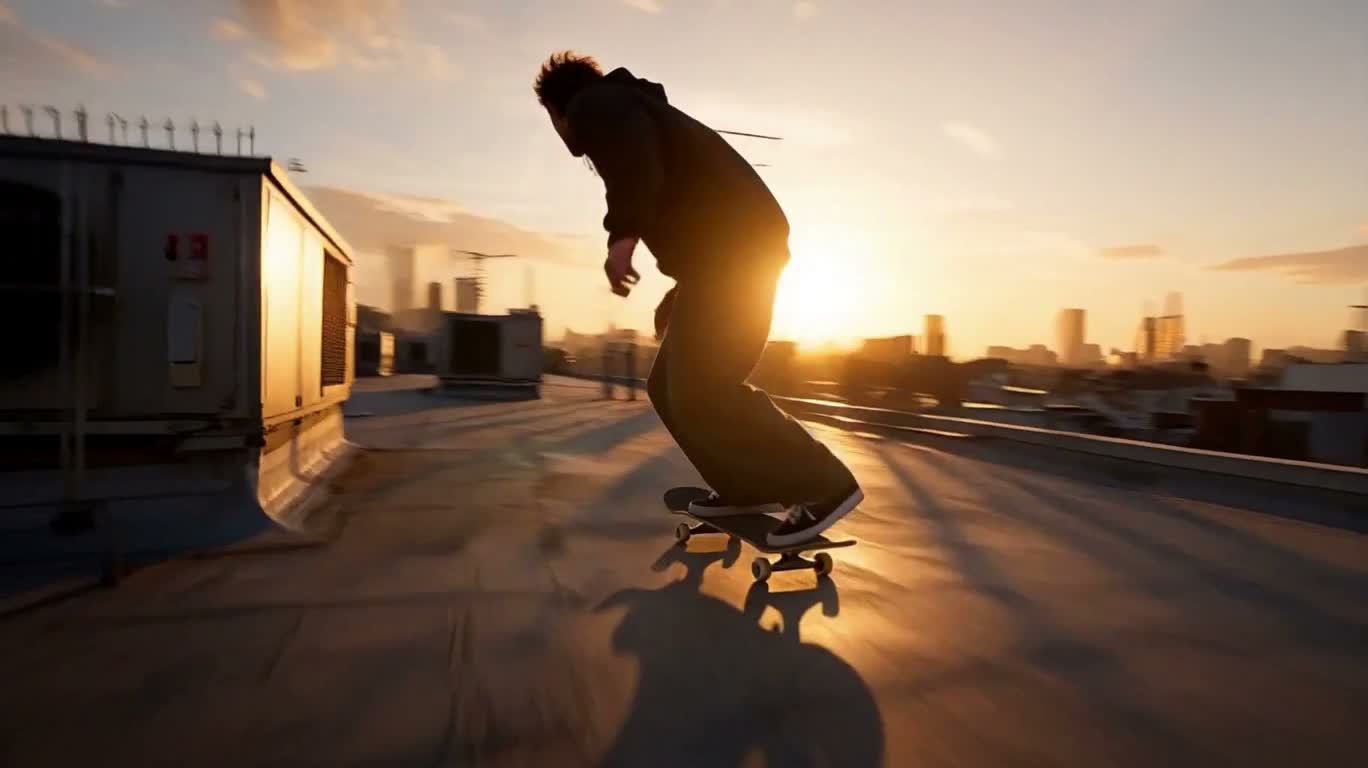 Poursuite en skateboard sur les toits au coucher du soleil