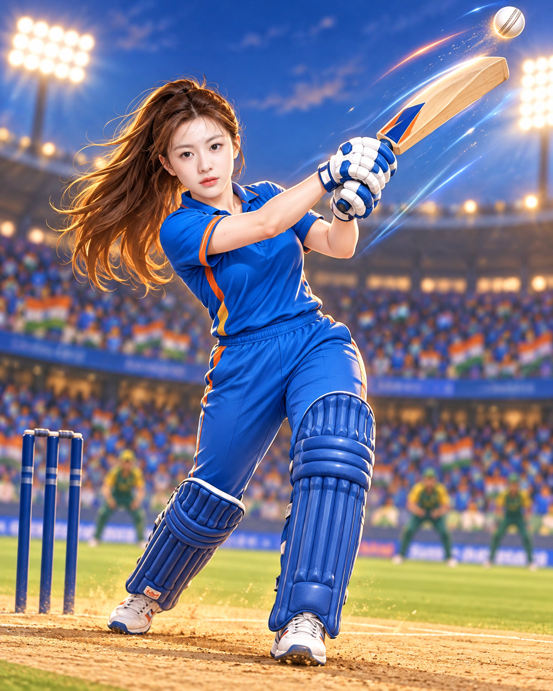 Indore球场上的Q版板球击球瞬间 — AI image creation