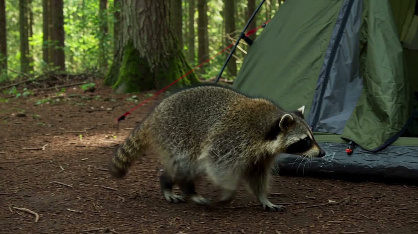 Raton laveur fouillant un sac de camping
