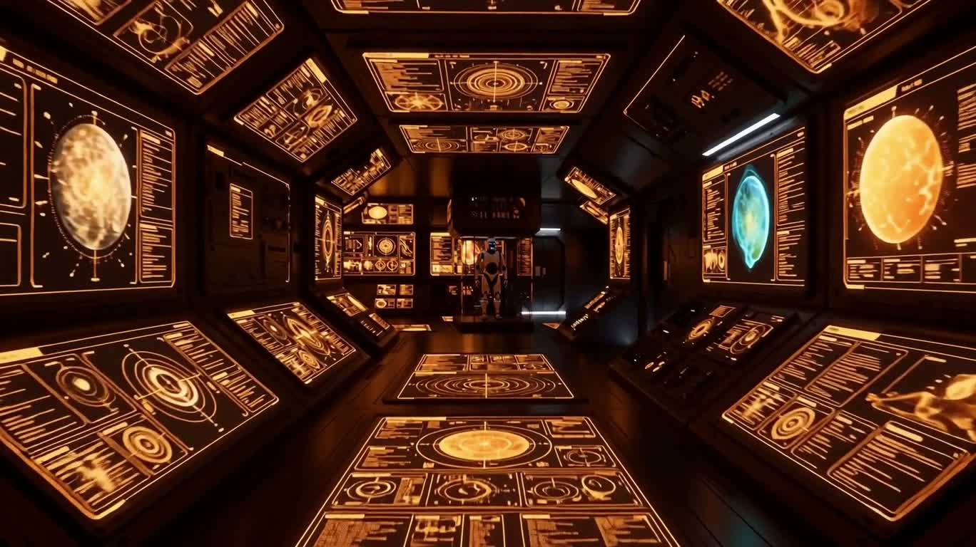 Salle de contrôle non euclidienne orange et grise