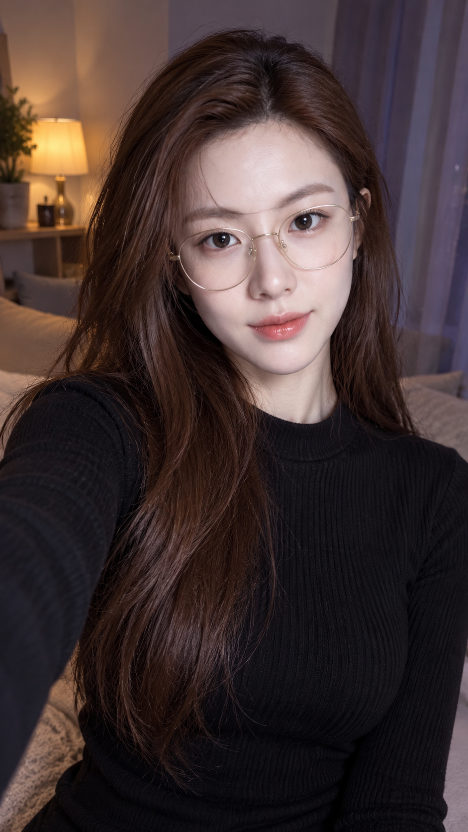 金縁眼鏡と柔らかなフラッシュの大人女性スナップポートレート