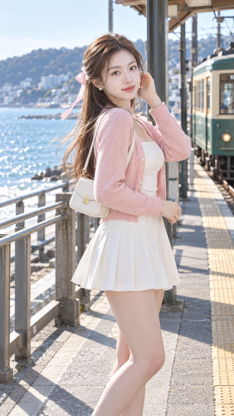 日系清甜海边电车站女性街拍 — AI image creation