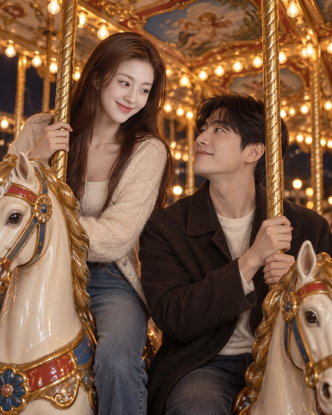 Portrait de couple au carrousel sous des lumières chaudes