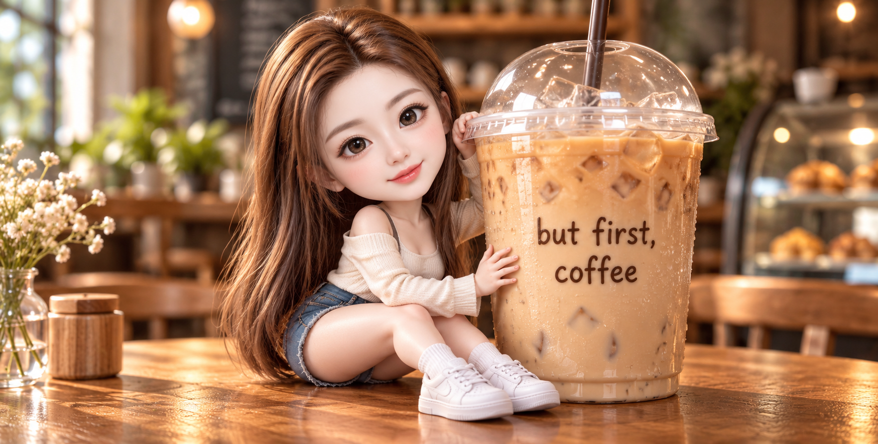 3D Q版成年女性与巨型冰咖啡杯 — AI image creation