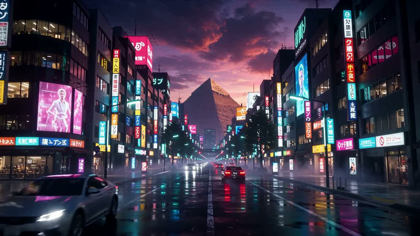Scène de rue à Tokyo avec pyramide néon