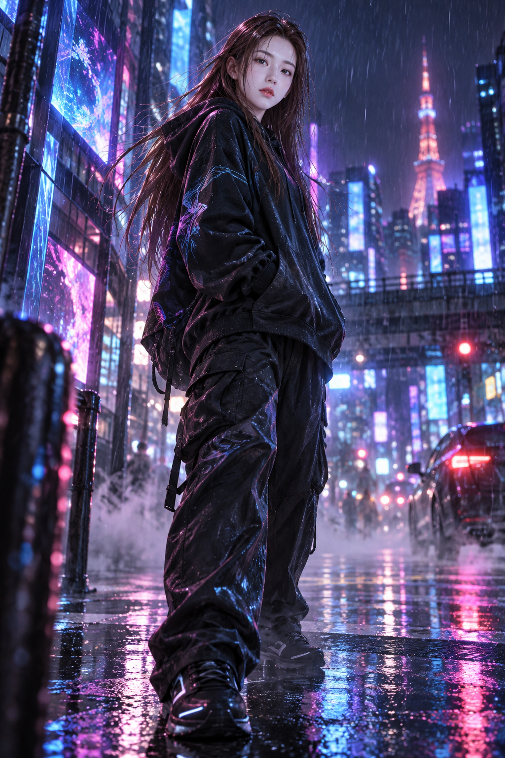 ネオン雨夜の東京ストリート 成人女性サイバーパンクイラスト