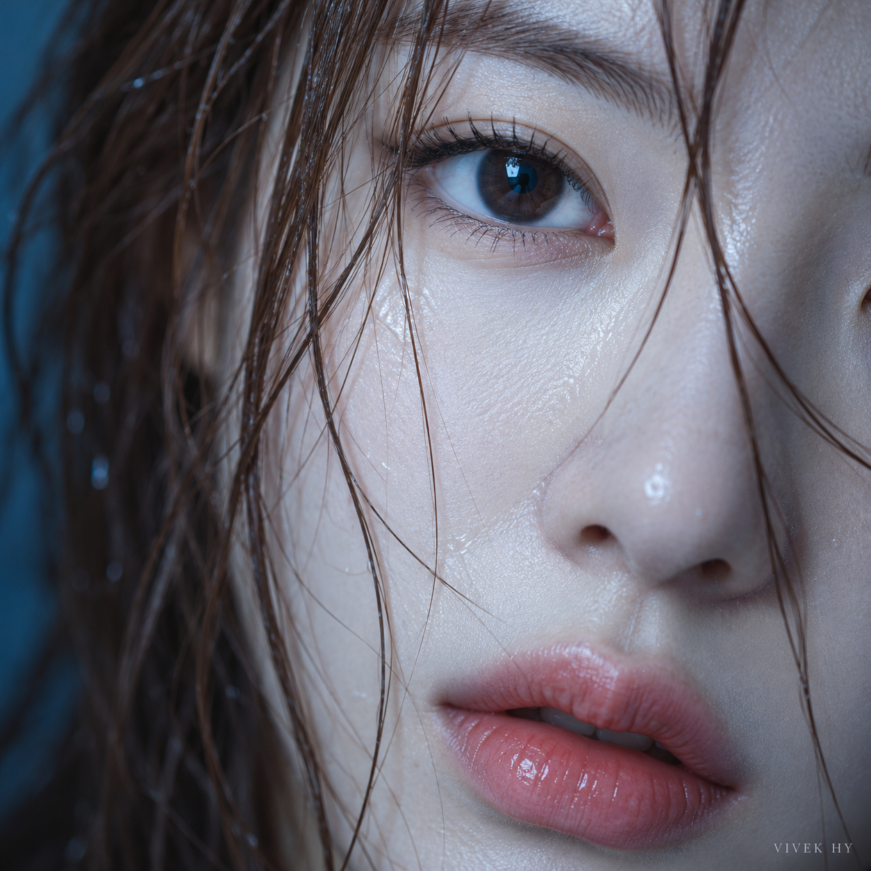 冷蓝光湿发成年女性面部微距肖像