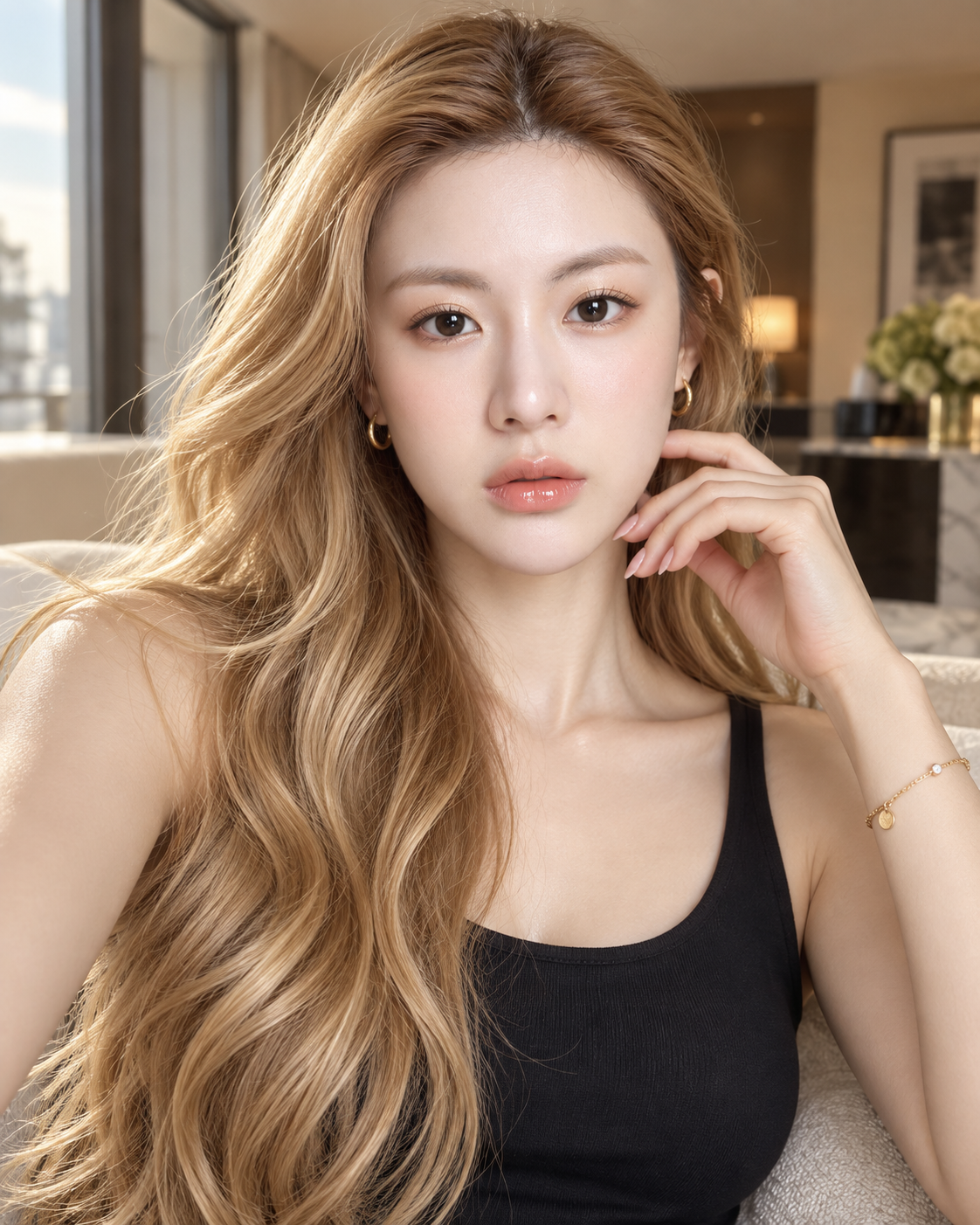 金色波浪长发成年女性美妆人像