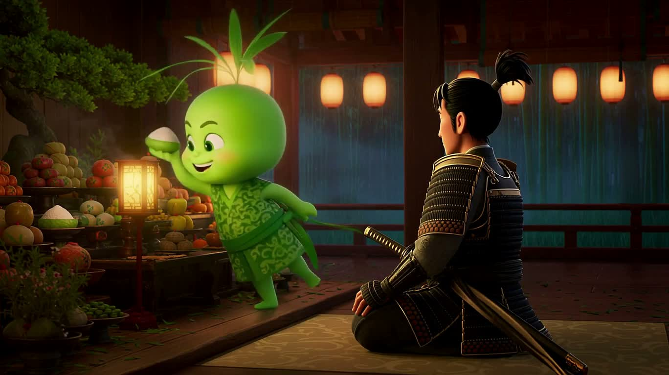 Moonlit Bamboo Grove: Samurai Chasing Bamboo Spirit