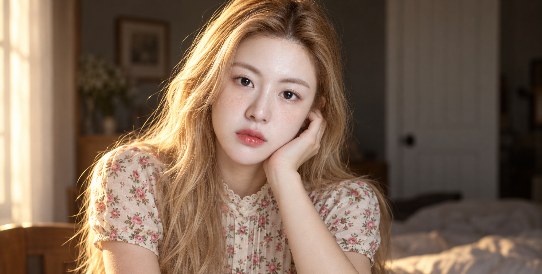 황금빛 햇살 아래 주근깨 있는 금발 성인 초상