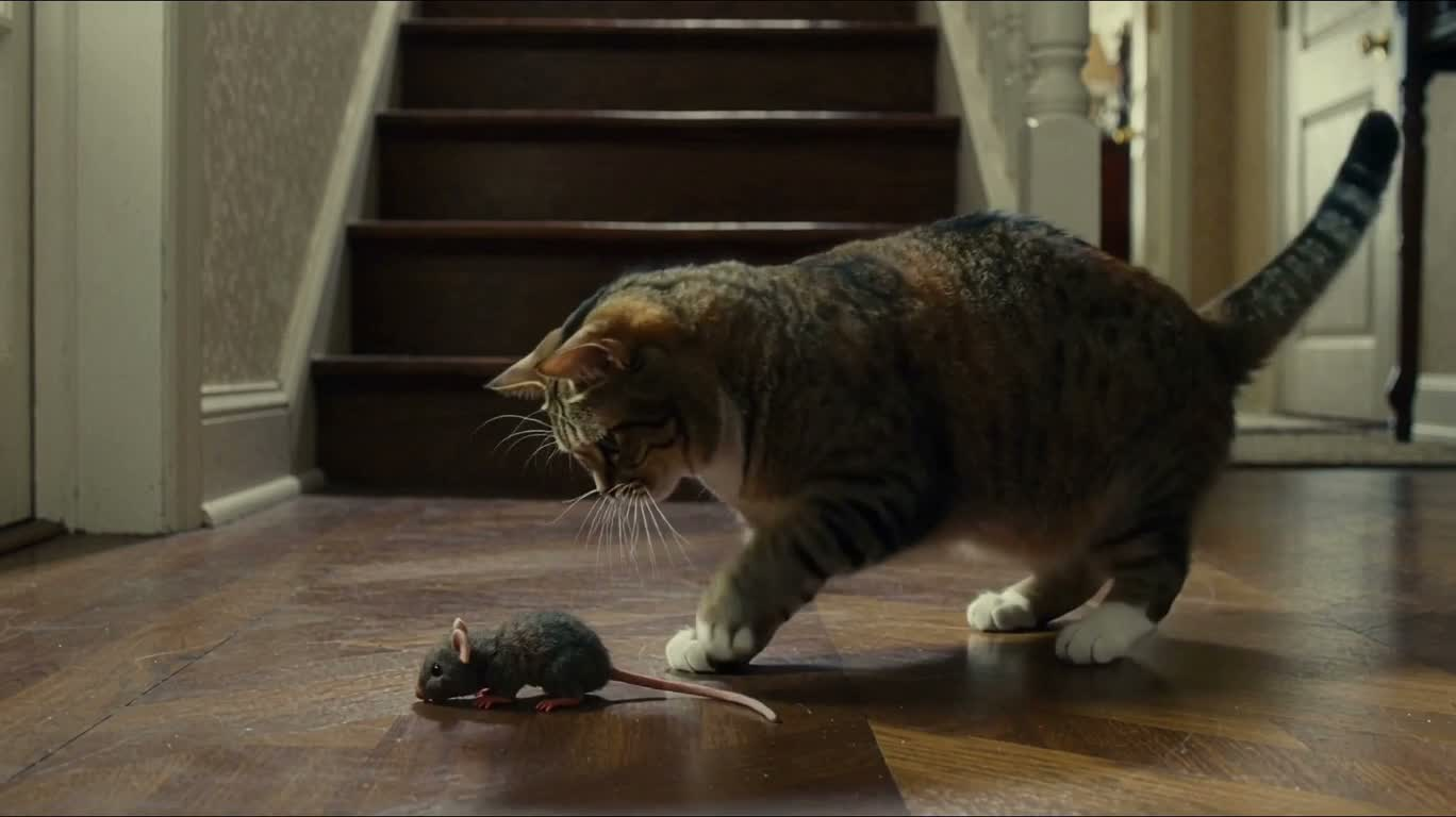 Cat plays with mouse then runs up the stairs