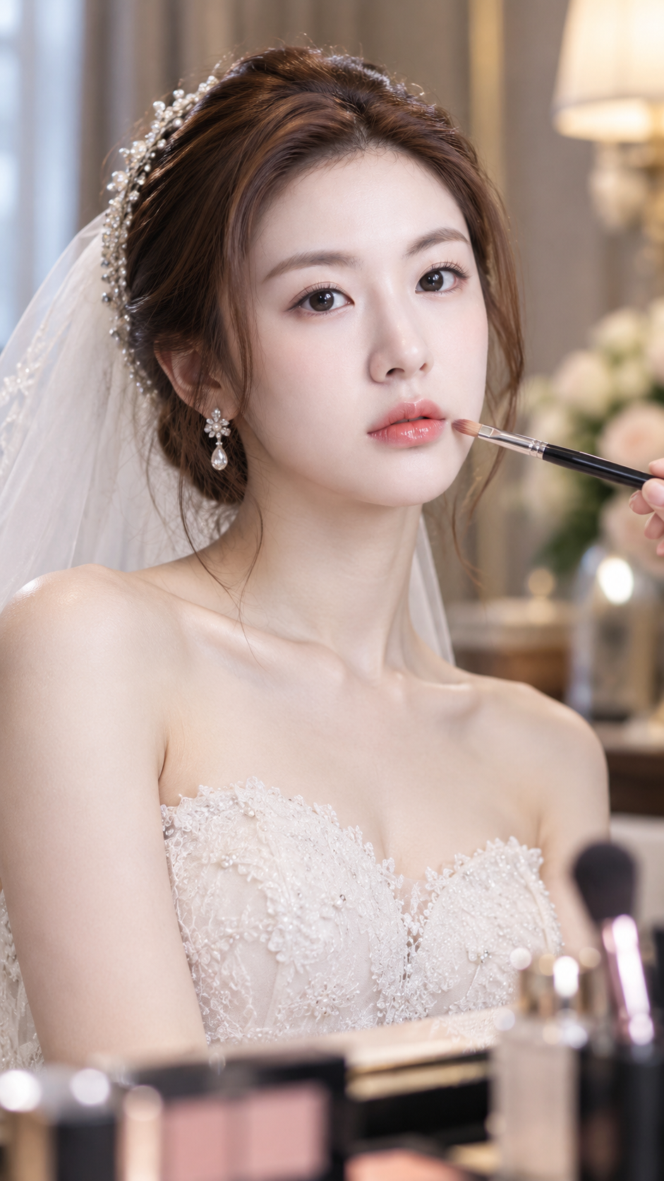 결혼식장에서 눈매를 올린 성인 동양인 신부의 초상