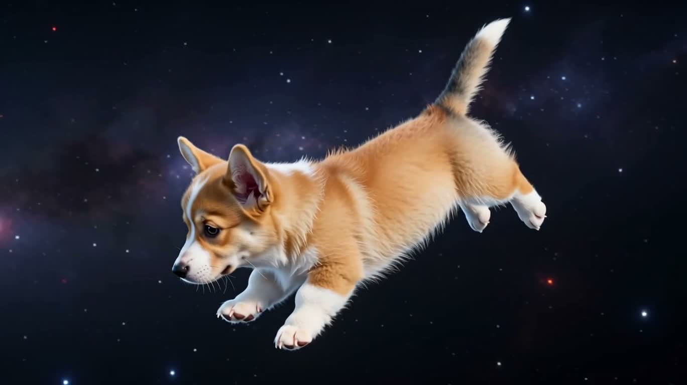 Chiot corgi flottant dans l'espace
