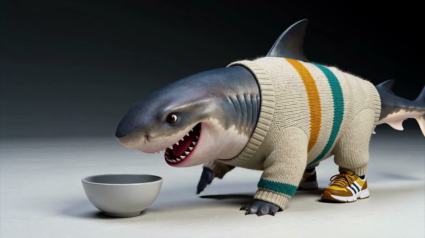 The Comical Milk-Drinking Moment of a Four-Legged Shark — AI video creation