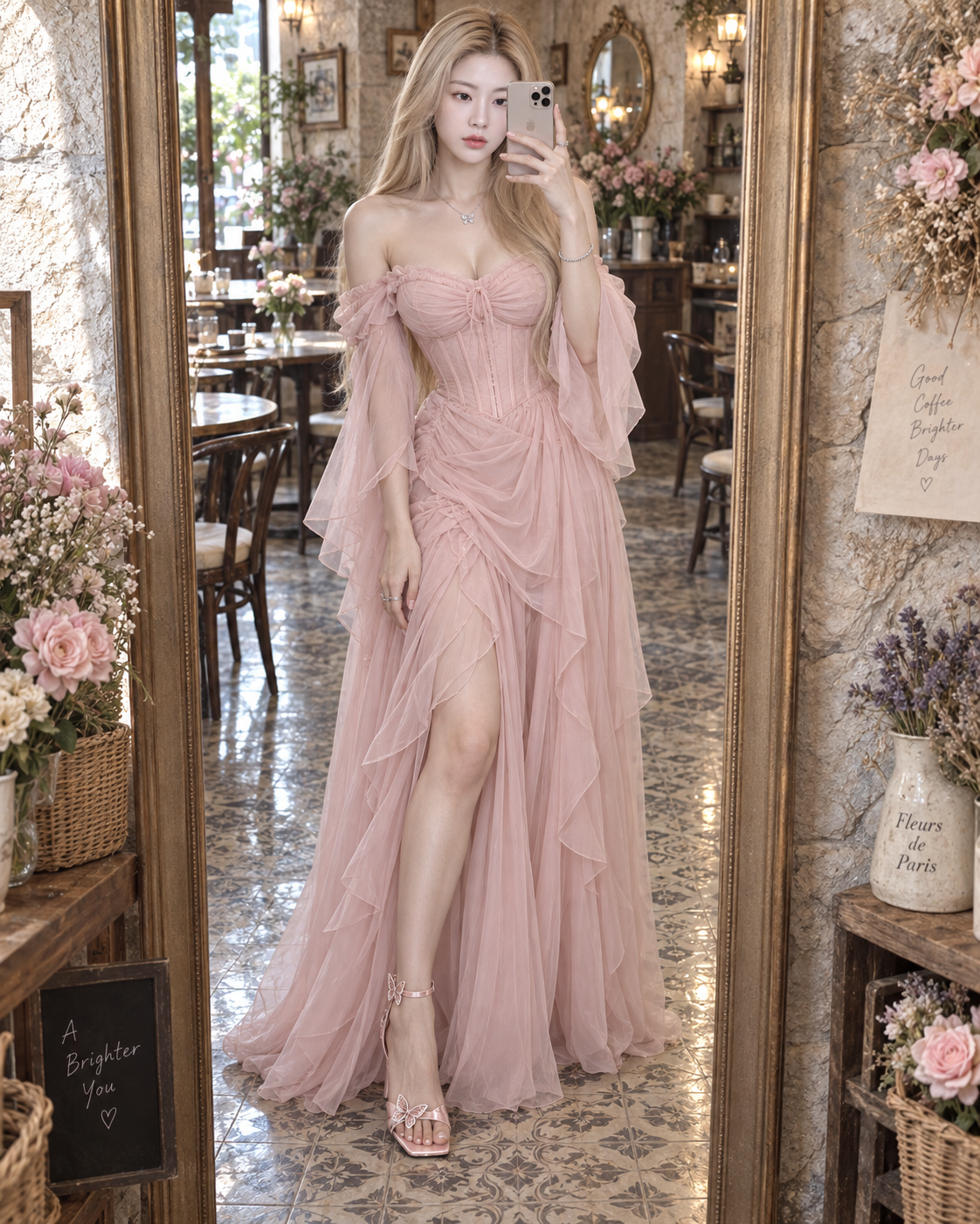 花卉咖啡馆粉色仙女风礼服镜自拍 — AI image creation