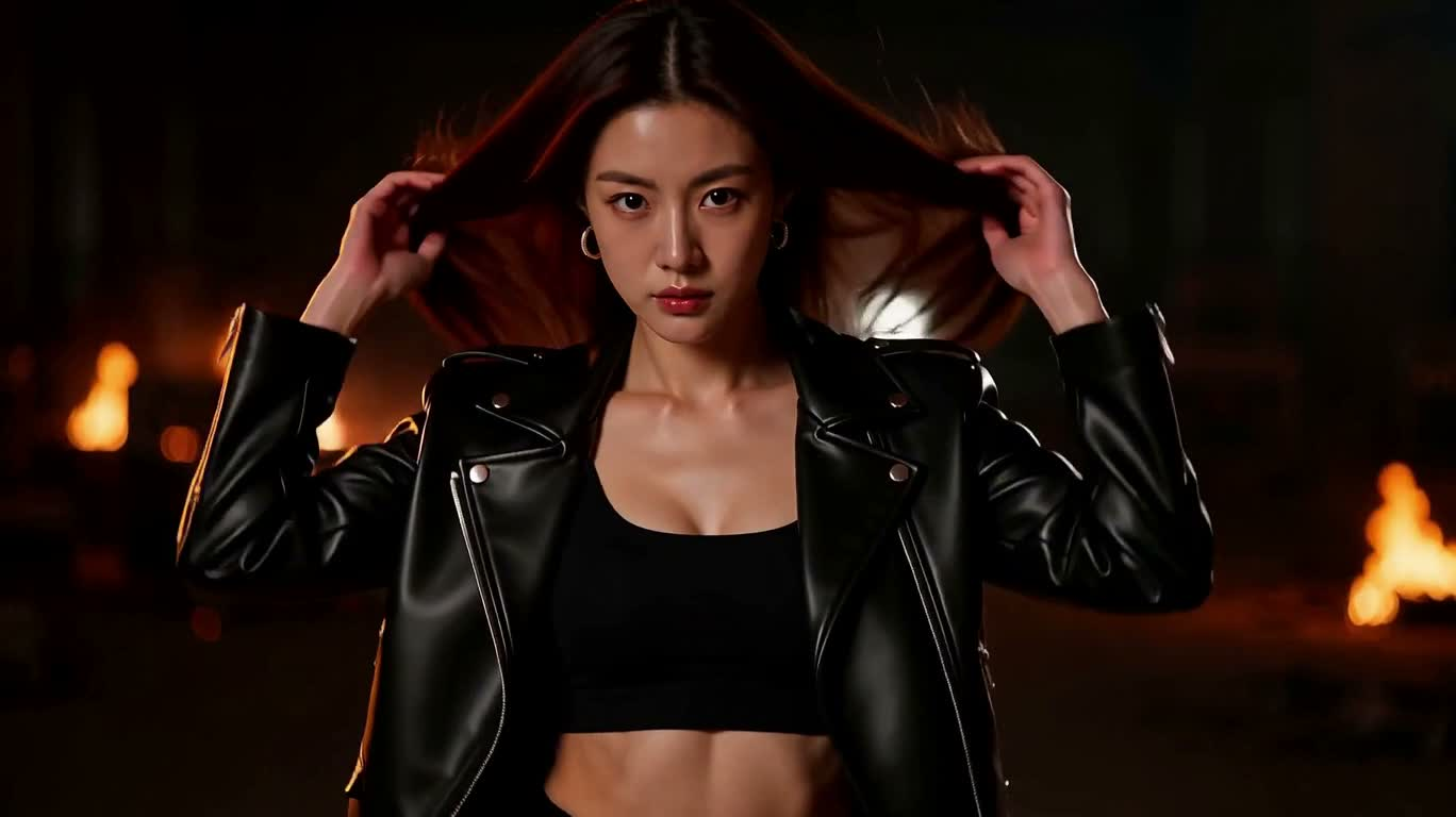 烈焰中的动作女主 — AI video creation