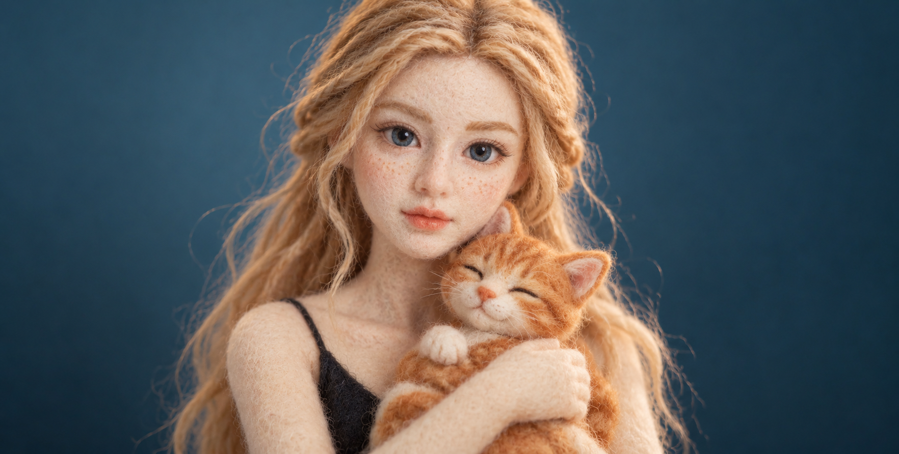成年手作羊毛毡偶与橘猫温柔肖像