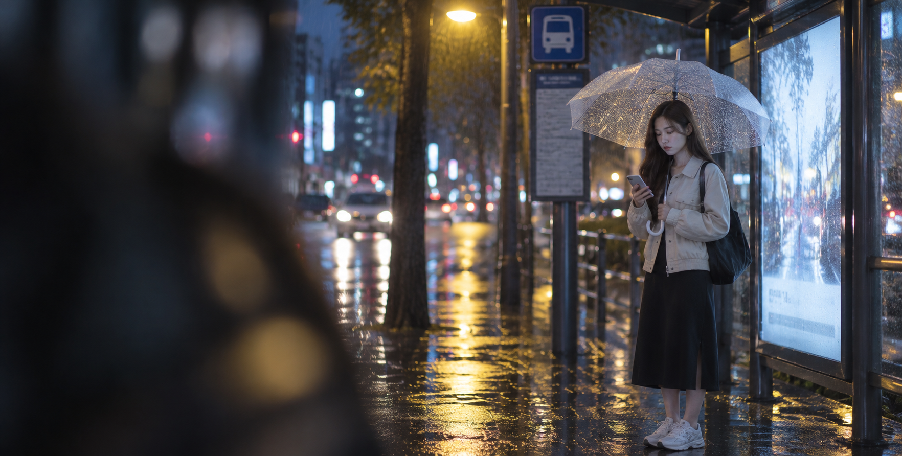 雨夜公交站的偶然一瞥