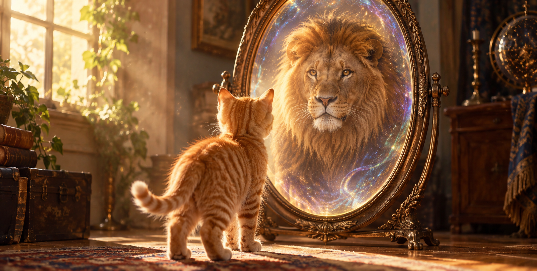 オレンジ猫の魔法の鏡に映るライオンの姿