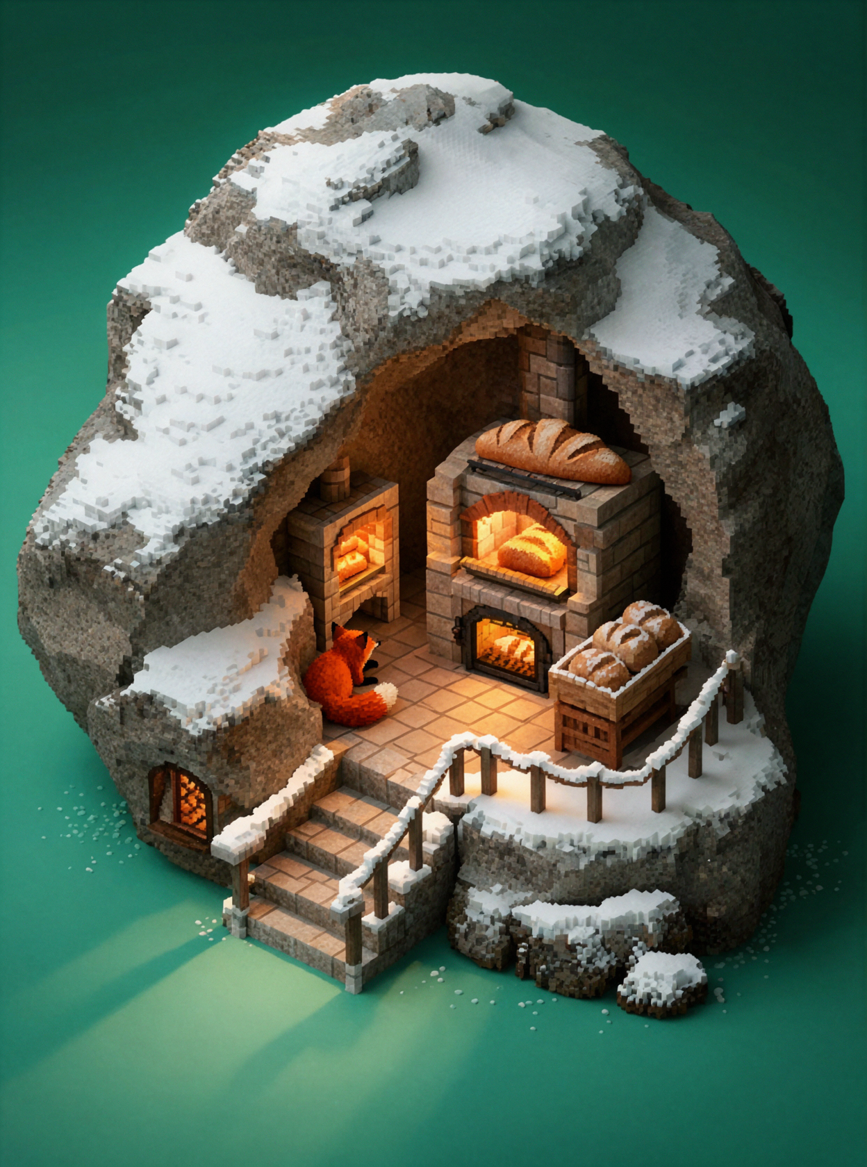 Snowy Night Bakery · Voxel Miniature — AI image creation