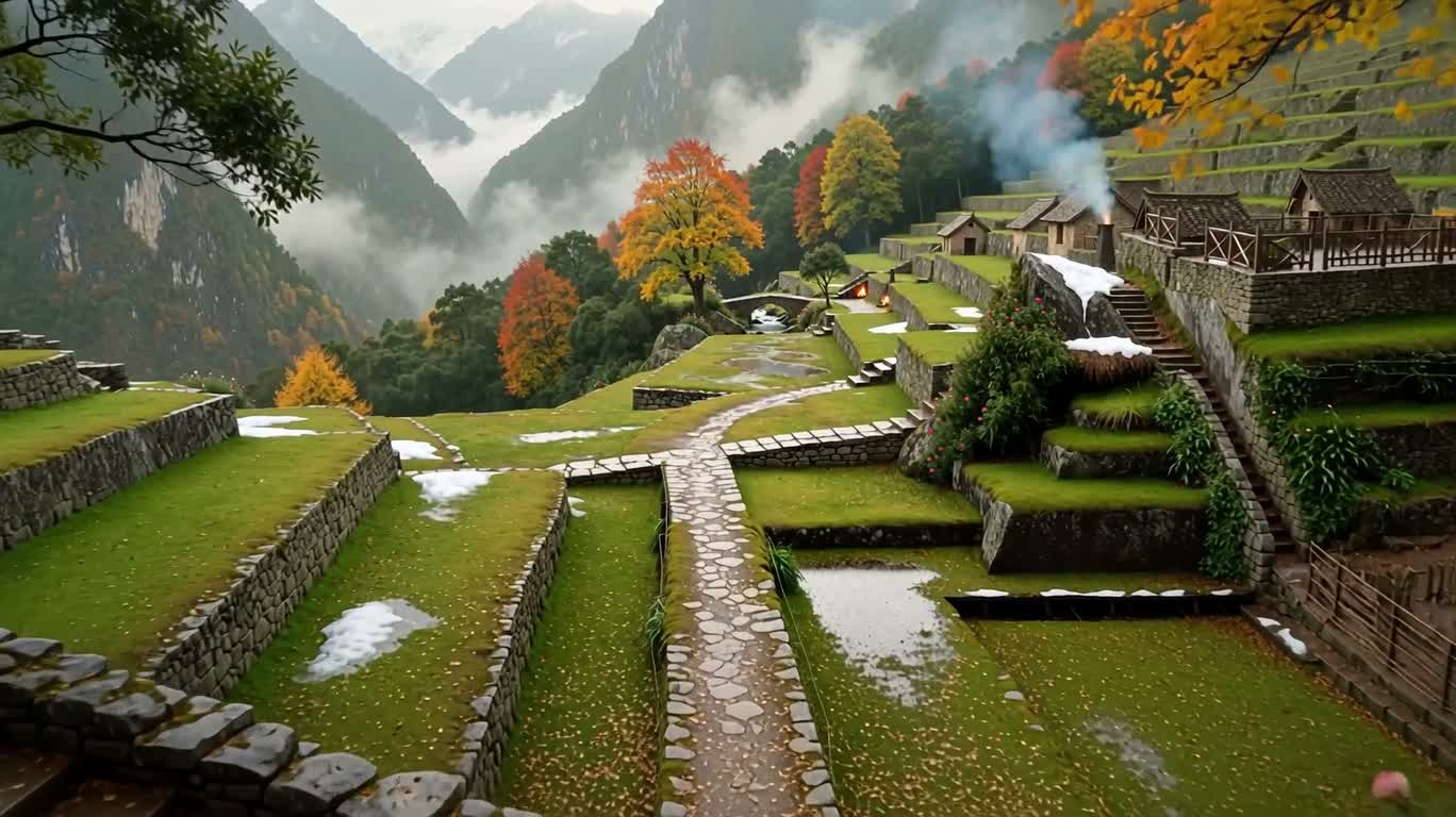 Machu Picchu mùa thu trong mưa và sương