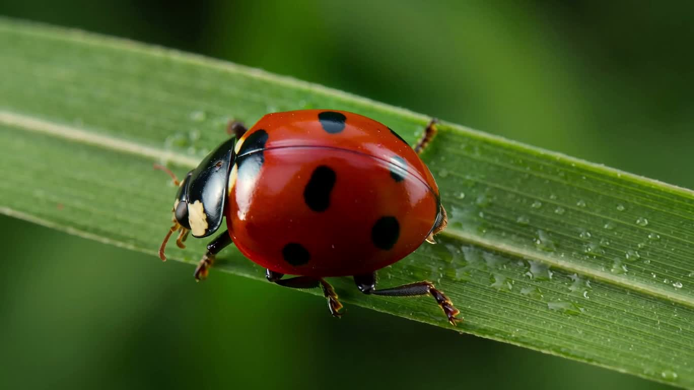 Bọ rùa trên ngọn cỏ đọng sương