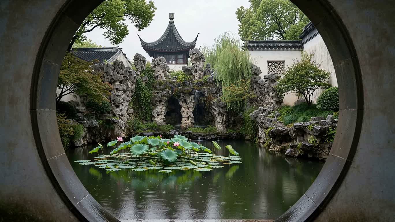 雨中苏州园林借景