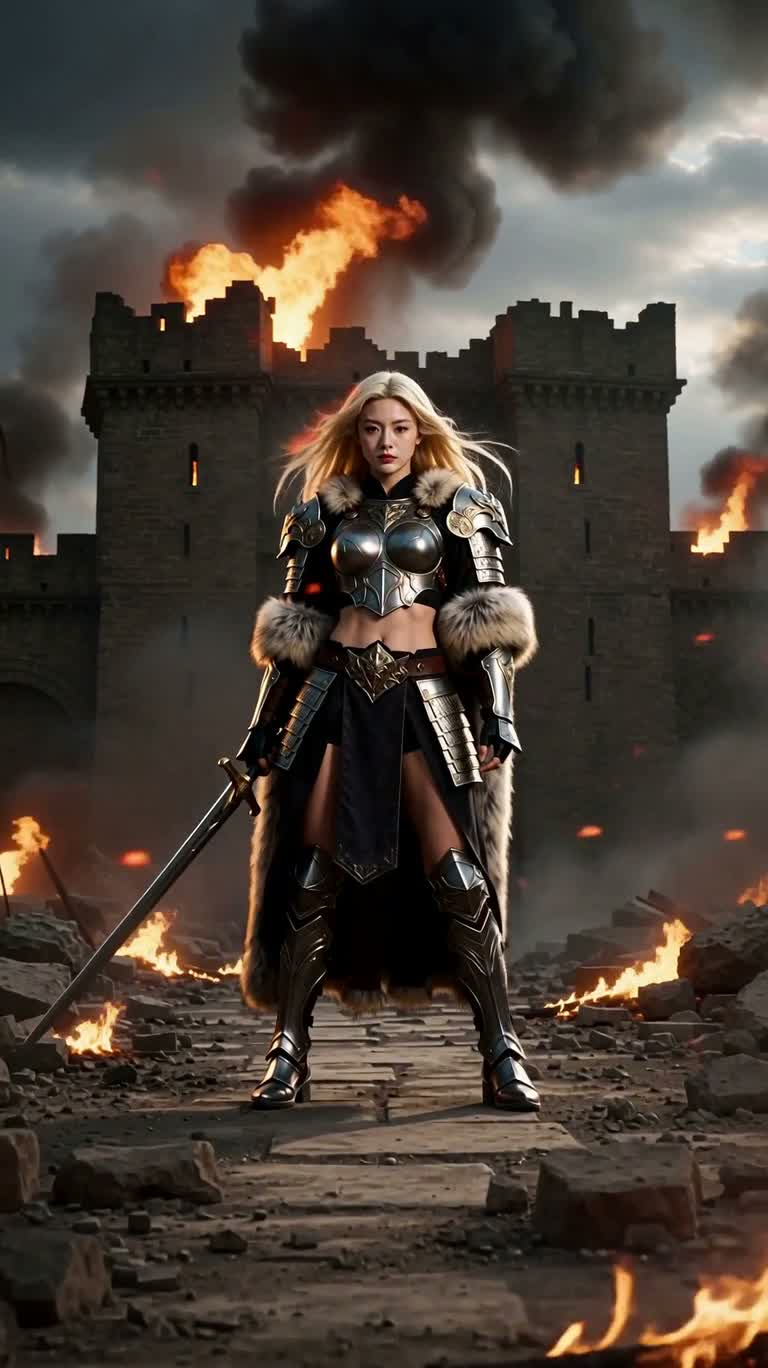 Valkyrie de glace et de flamme sur le champ de bataille en ruines