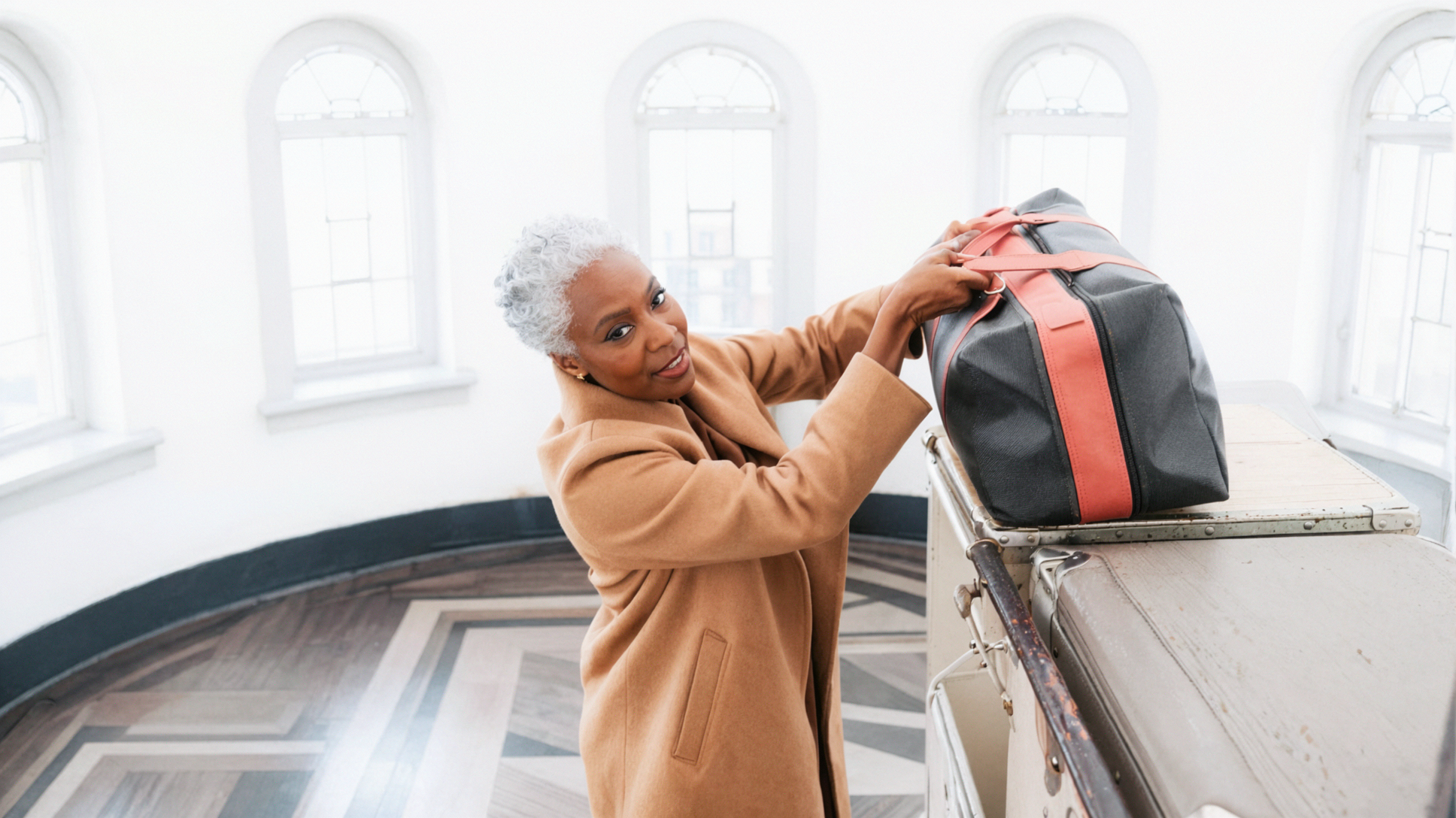 Silver-Haired African Woman Traveler · Departing from the Station · High-Key Soft Light