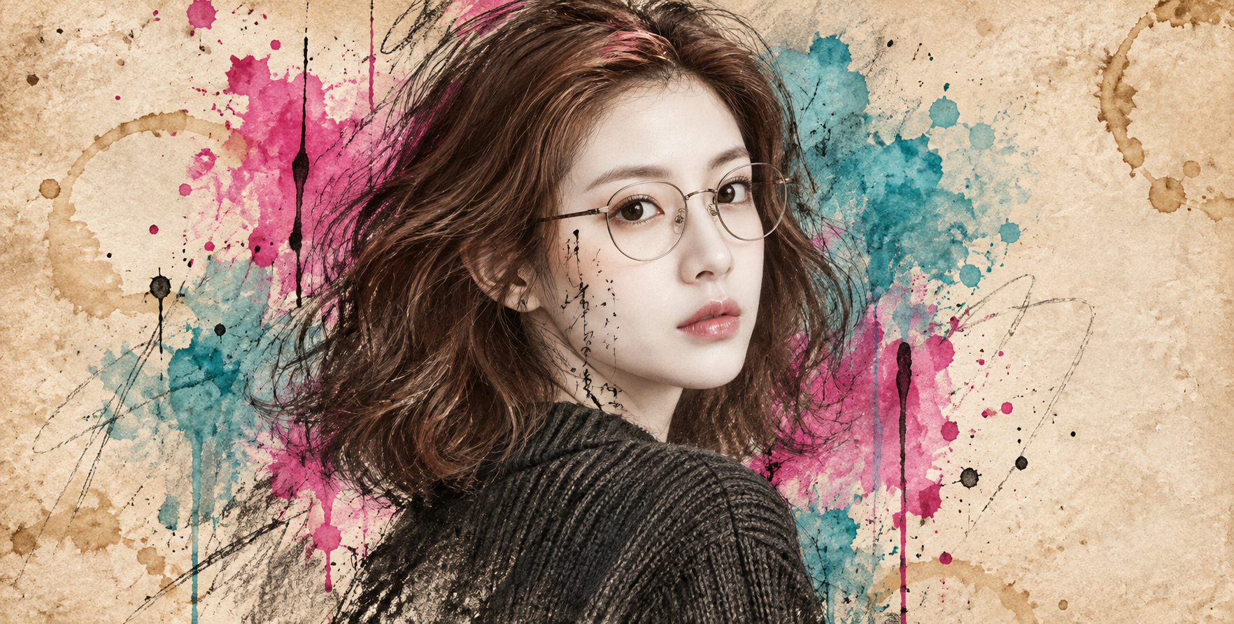 铅笔素描与洋红青蓝水彩交融的成年女性肖像