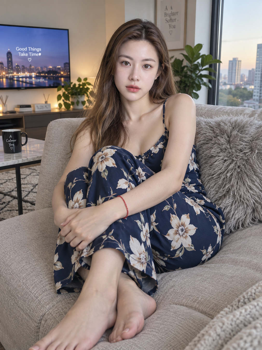 客厅沙发上的广角赤脚生活方式肖像