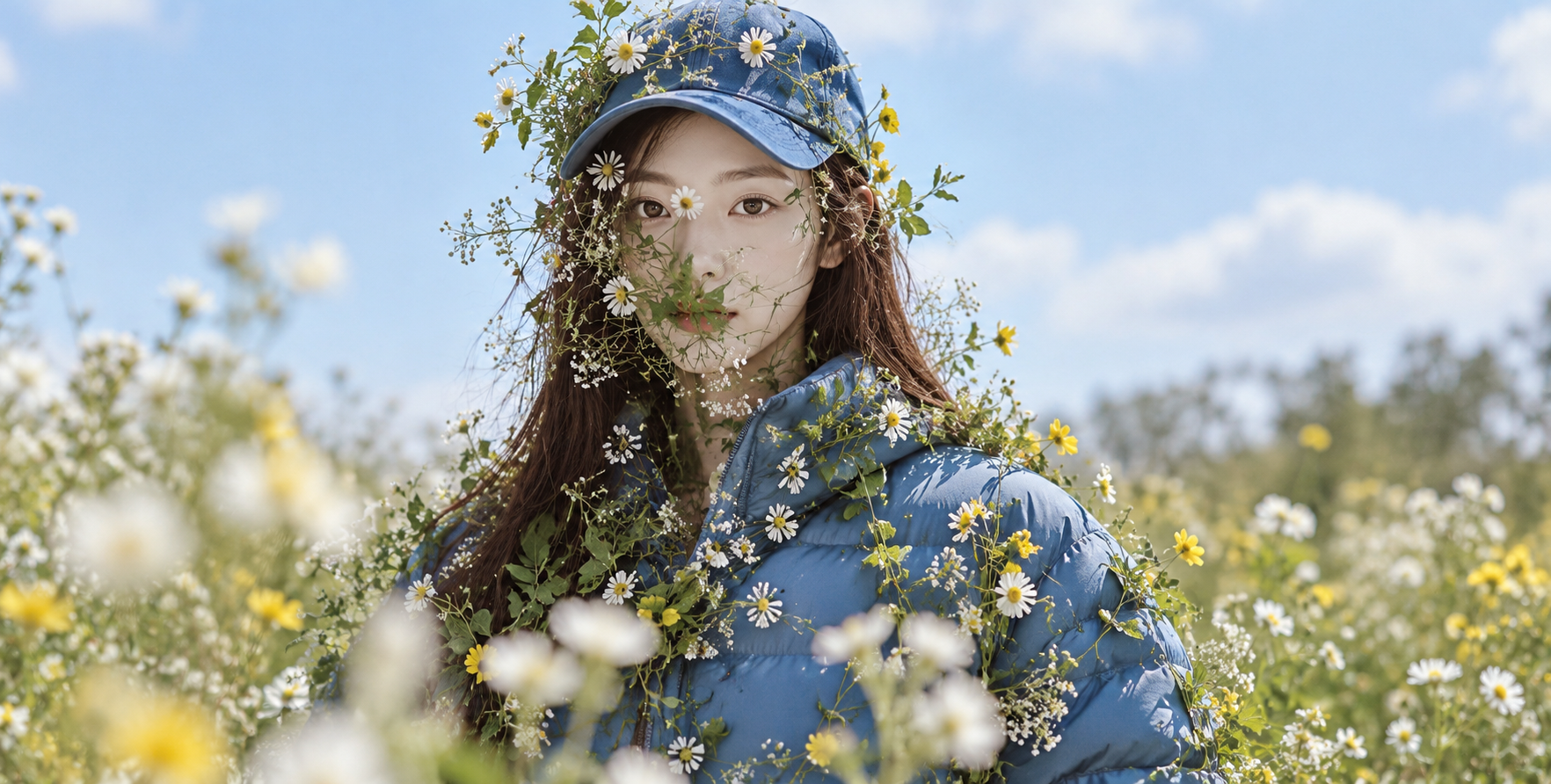 花海中被绿植与小花覆盖的成年女性