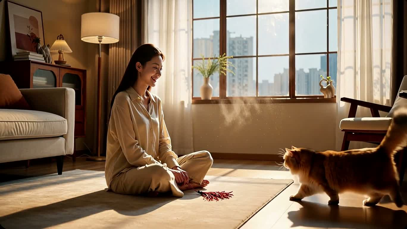 阳光房间里的女孩与橘猫