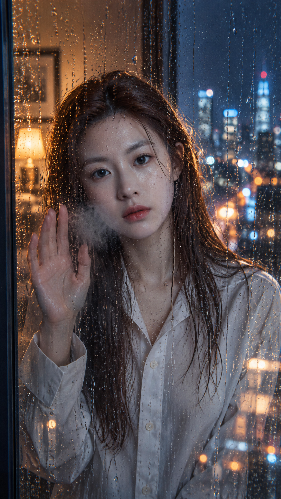 暴雨窗后的迷离眼神与白衬衫成年肖像