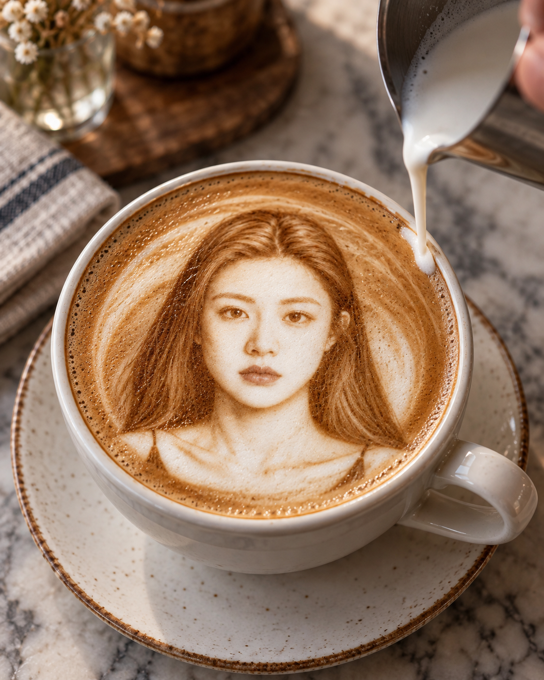 咖啡杯中极致写实的牛奶泡沫人物肖像 — AI image creation