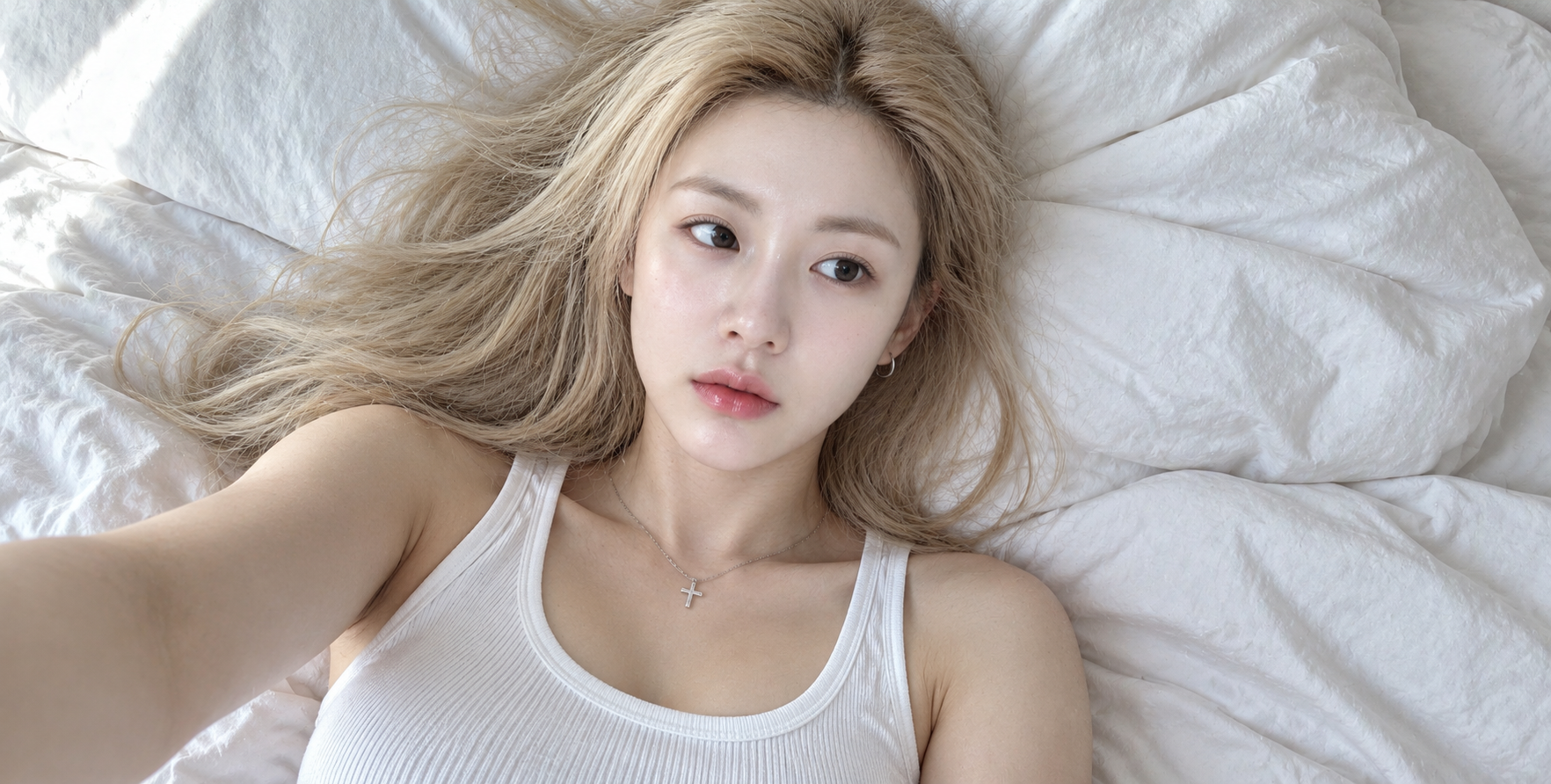 Selfie matinal doux au lit avec des cheveux blond platine