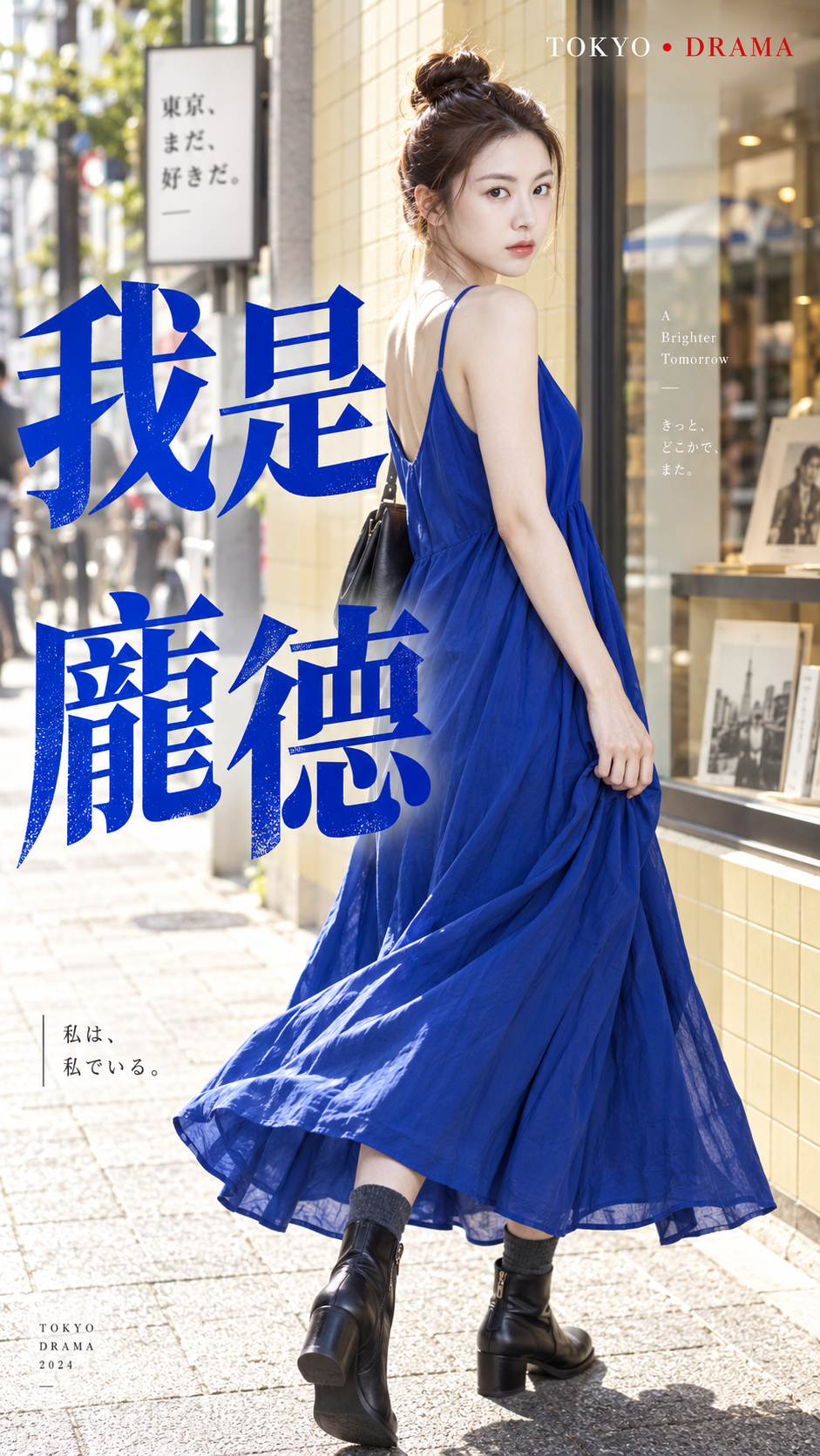 现代日剧风格蓝色长裙街拍海报 — AI image creation