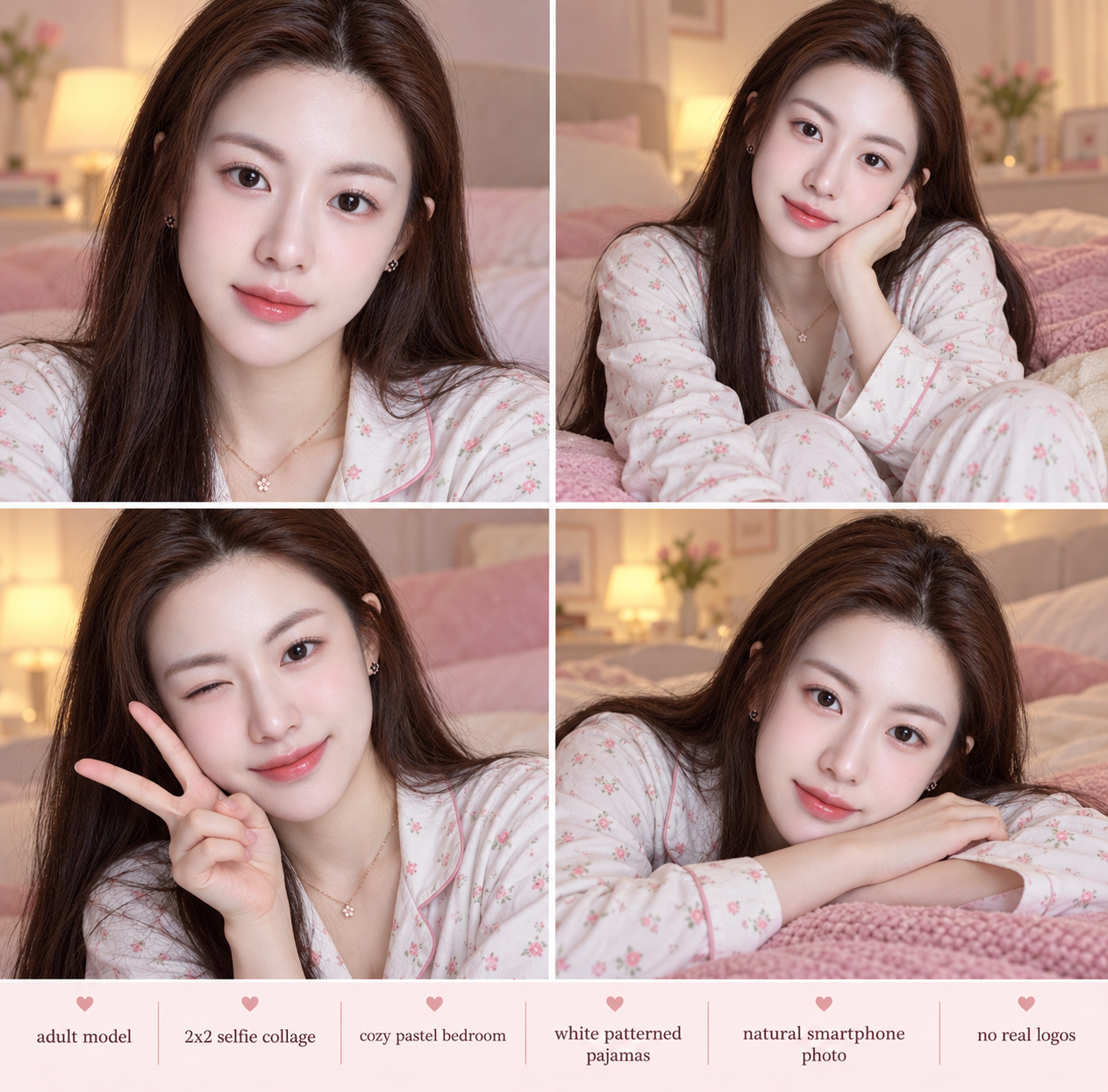 여섯 개의 완전한 문구가 담긴 성인 모델의 따뜻한 핑크 침실 4컷 셀카