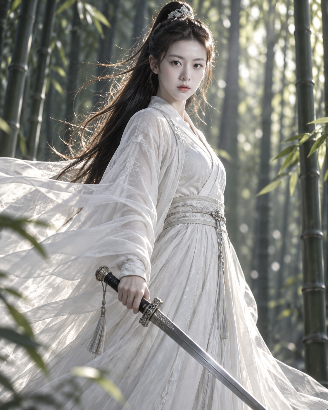 竹林侧逆光下的白衣女侠肖像