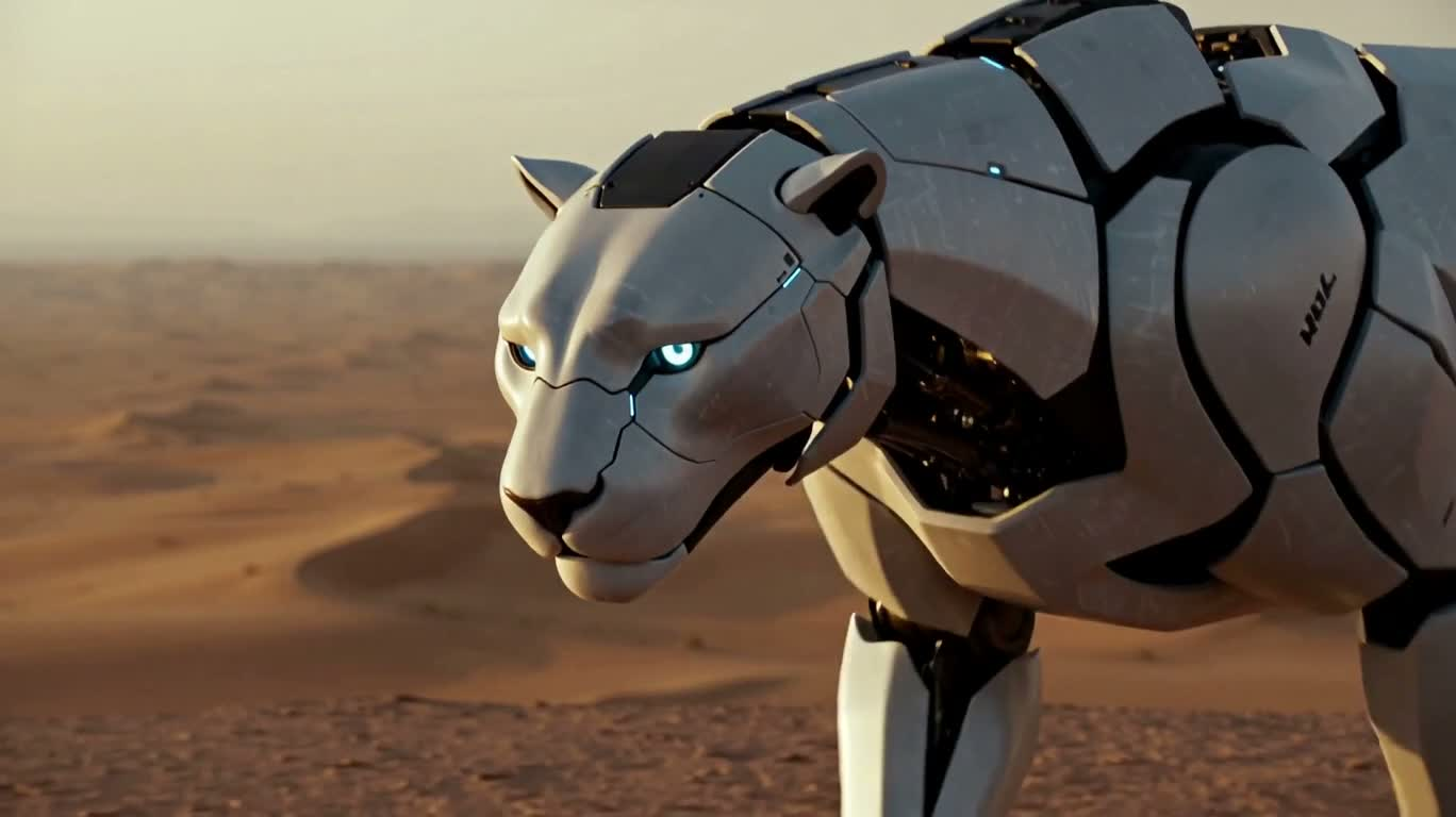 黄昏の荒れ地に立つ機械のユキヒョウ — AI video creation