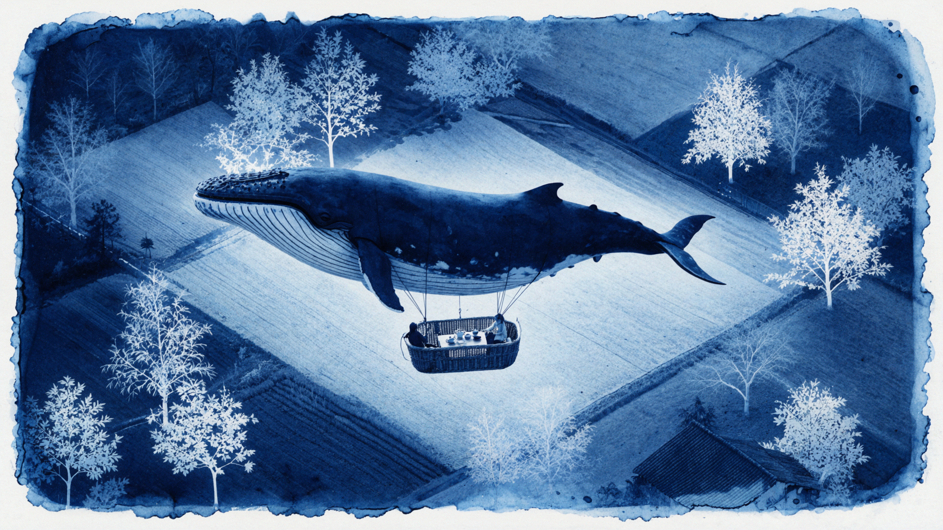 Khinh khí cầu cá voi · Nghệ thuật Cyanotype — AI image creation