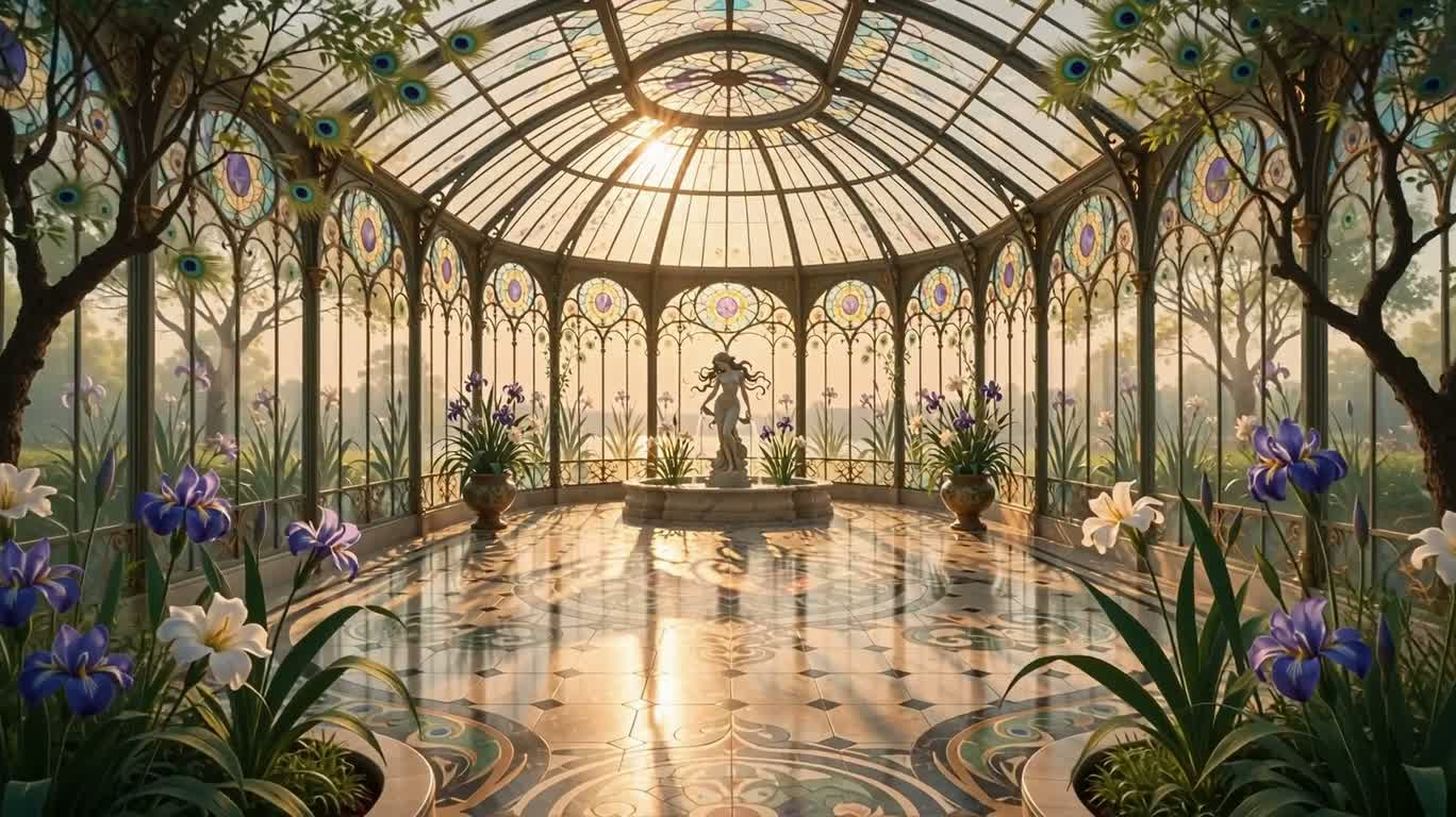 Stained-Glass Greenhouse and Marble Fountain
