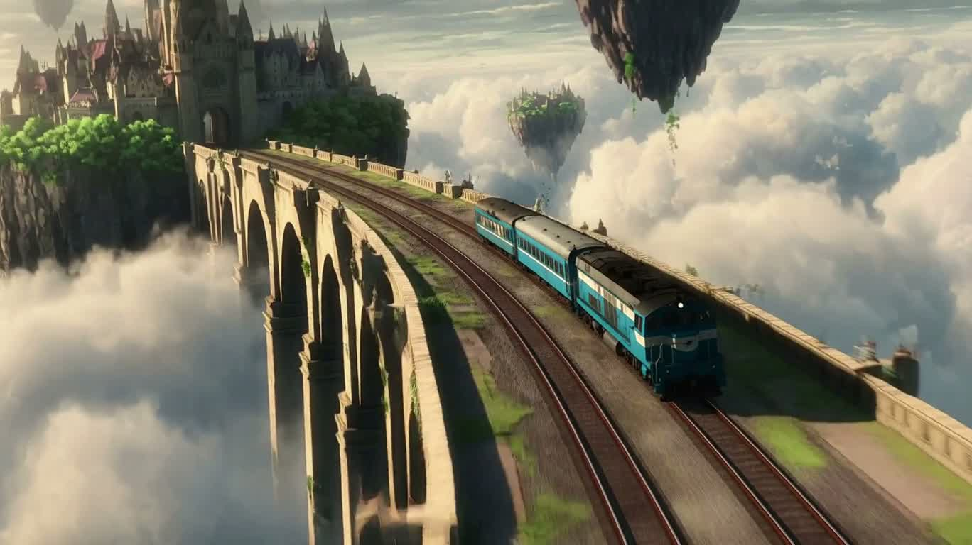 Sky-Train Duel Above the Floating Gothic City