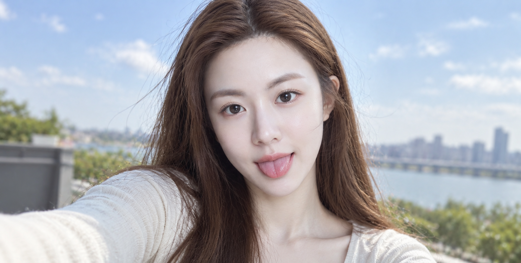 Ảnh selfie tinh nghịch của người phụ nữ tóc dài nâu nhạt trong gió nhẹ