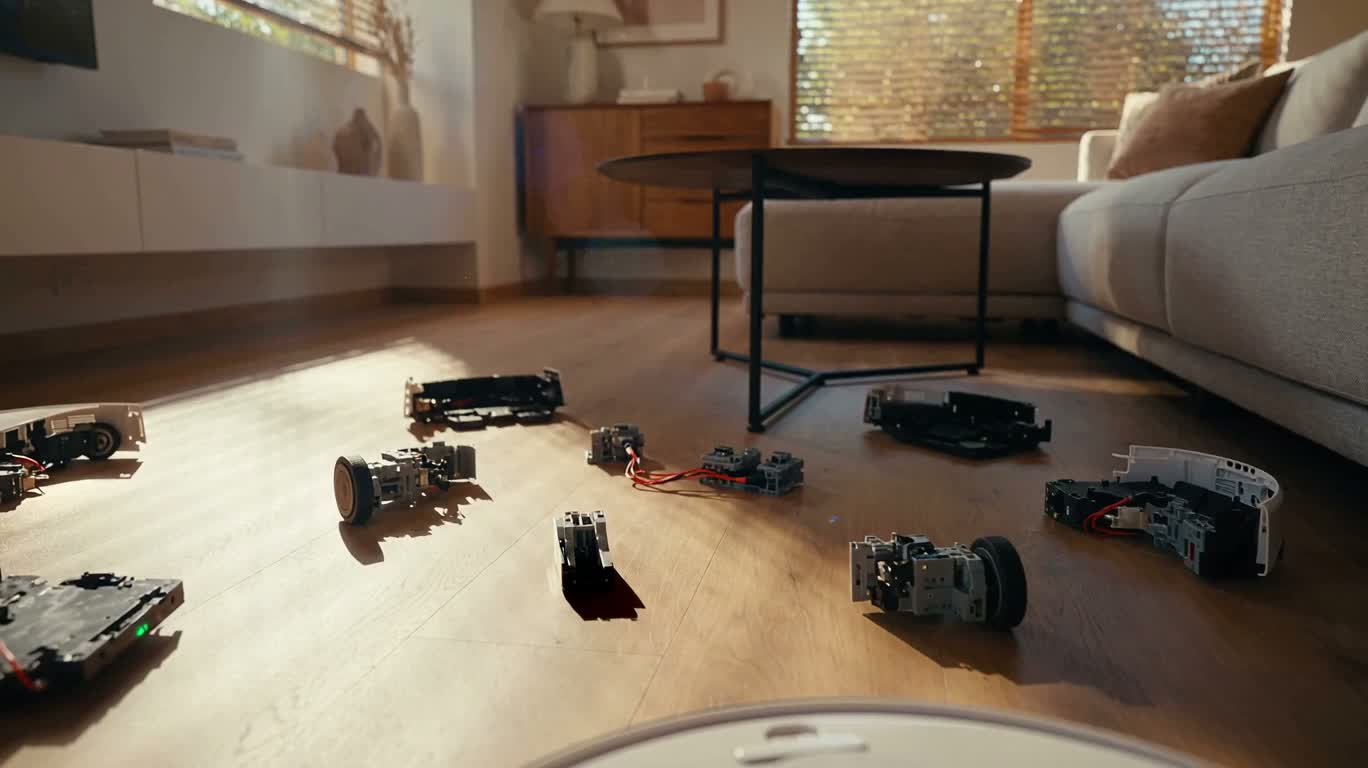 Auto-assemblage d'un robot aspirateur modulaire dans un salon ensoleillé