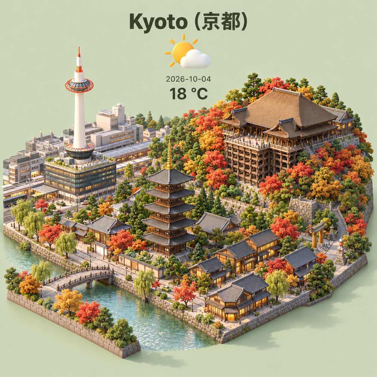 天气融入城市等距微缩插画