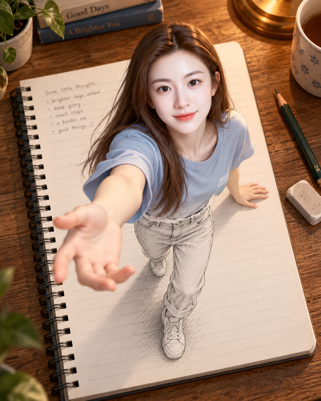 공책 밖으로 뛰어나오는 성인의 3D 착시 그림